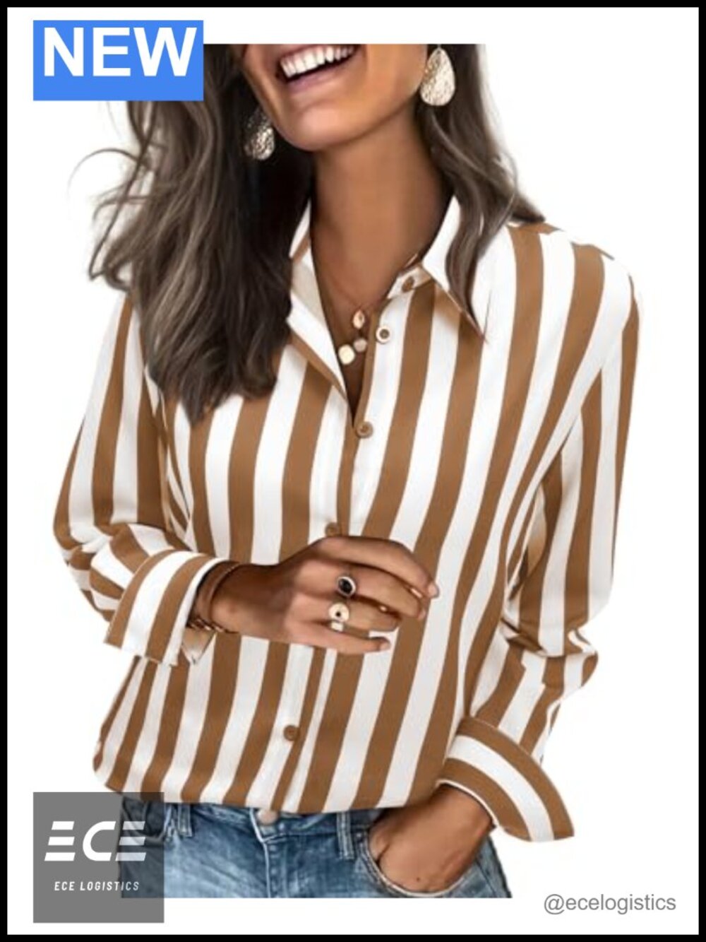 Striped Button Down Long Sleeve Work Dress Shirt Collared Blouse